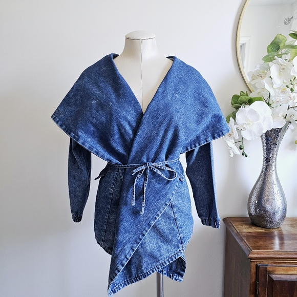 90s Madein Dark Wash Denim Avant Garde Dramatic Shawl Collar Hooded Wrap Jacket - Picture 8 of 16